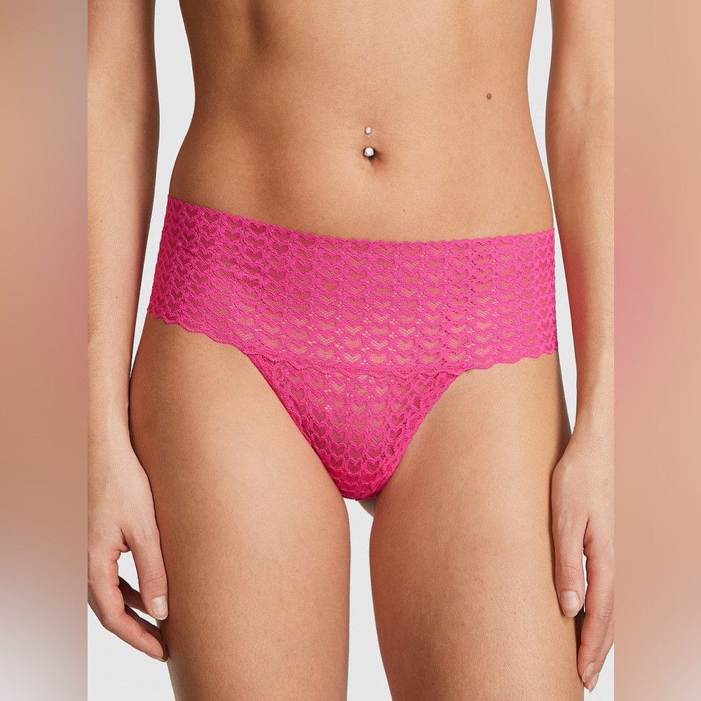 NWT PINK VS Wink Wide-Waist Thong Panty Heart Lace Enchanted Pink Size Small